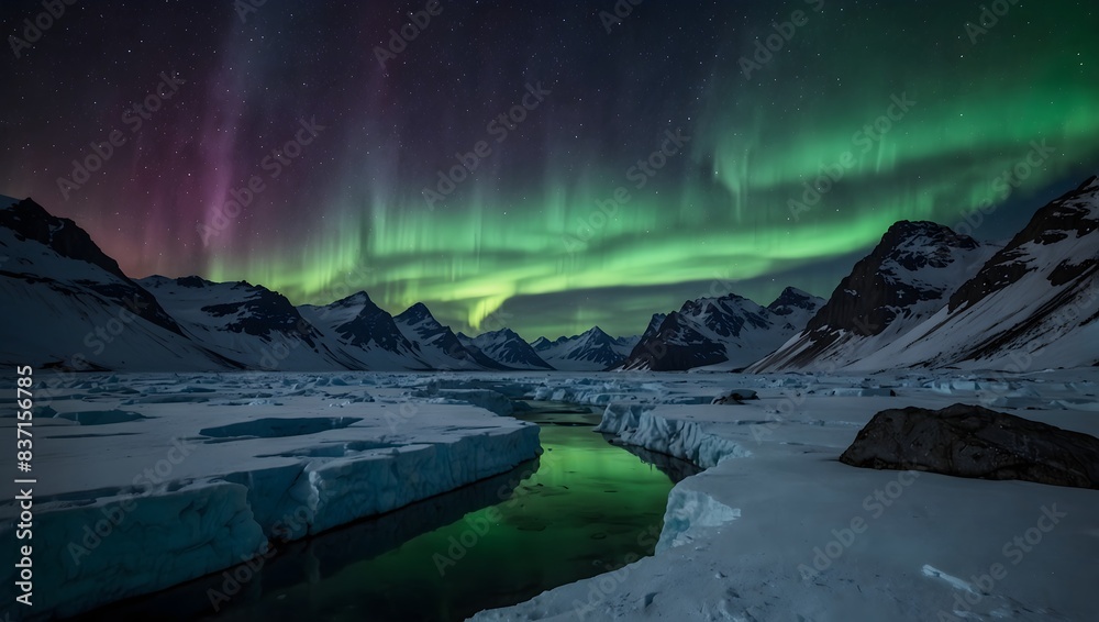 Naklejka premium A picture of a lone explorer crossing a crevasse-ridden glacier under the northern lights ai_generated