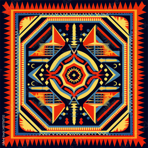 print design in the style of ethnic carpet patterns, Aztec art and African textile designs. Red blue yellow orange
