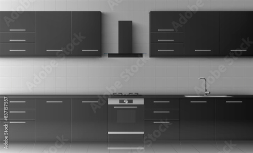 Kitchen and house appliances: gas stove, range cooker hood, kitchen furniture