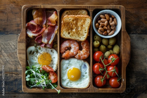 wooden compartmental dish with traditional english breakfast, view from above photo