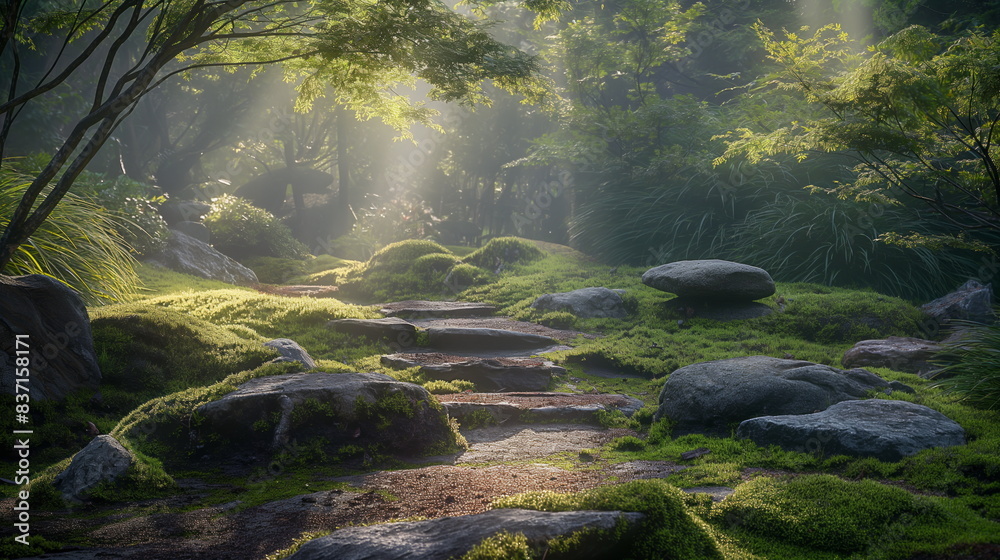 Tranquil Zen garden scene, sunlight filters through the branches, casting dappled shadows on meticulously arranged rocks and moss covered pathways