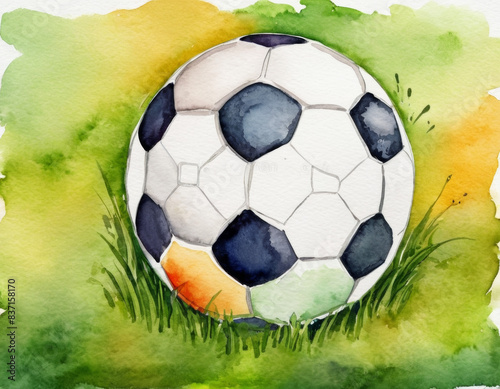 watercolor painting. soccer ball on grass cartoon illustration, football game concept