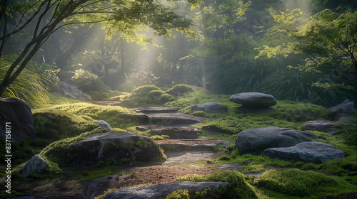 Tranquil Zen garden scene  sunlight filters through the branches  casting dappled shadows on meticulously arranged rocks and moss covered pathways