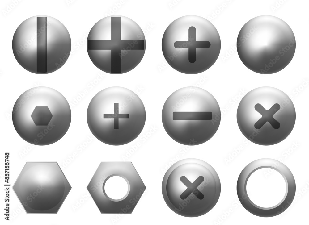 set of metal shiny screws and bolts. Vector illustration set of metal shiny screws and bolts. Vector illustration