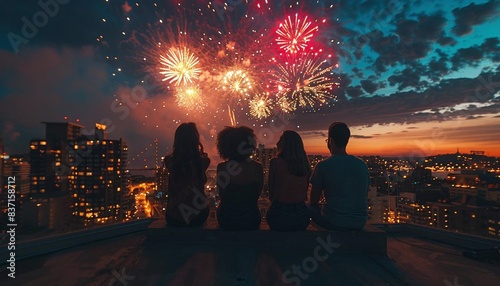 A group of friends watching a fireworks display from a rooftop