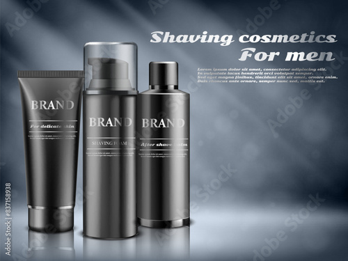 Men cosmetics, shaving foam, Body care cosmetic product on blue background . Vector illustration.