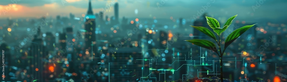 A fresh plant grows amidst a city infused with digital enhancements, illustrating the balance between technological advancement and environmental care A fresh plant grows amidst a city infused with digital enhancements, illustrating the balance between technological advancement and environmental care