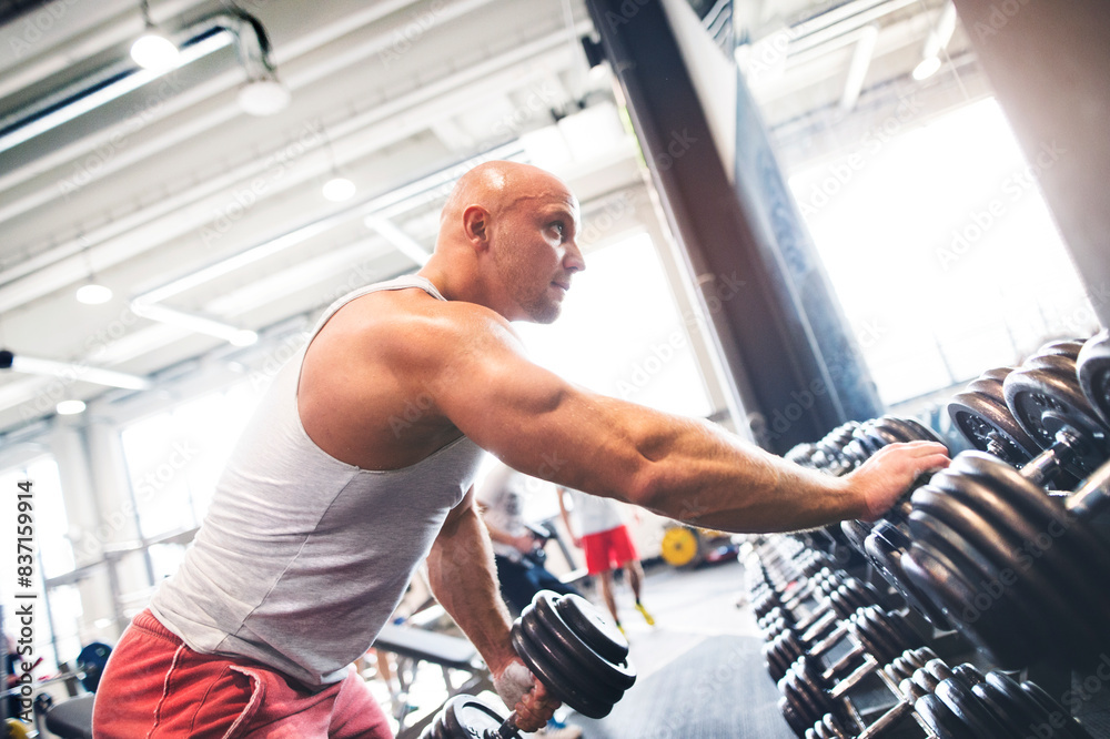 Close up of man performing single arm dumbbell row in bent-over position. Routine workout for physical and mental health. Close up of man performing single arm dumbbell row in bent-over position. Routine workout for physical and mental health.