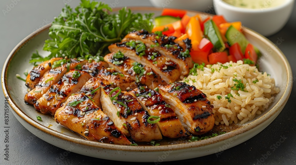 A balanced diet plate featuring grilled chicken, brown rice, and steamed vegetables arranged neatly A balanced diet plate featuring grilled chicken, brown rice, and steamed vegetables arranged neatly