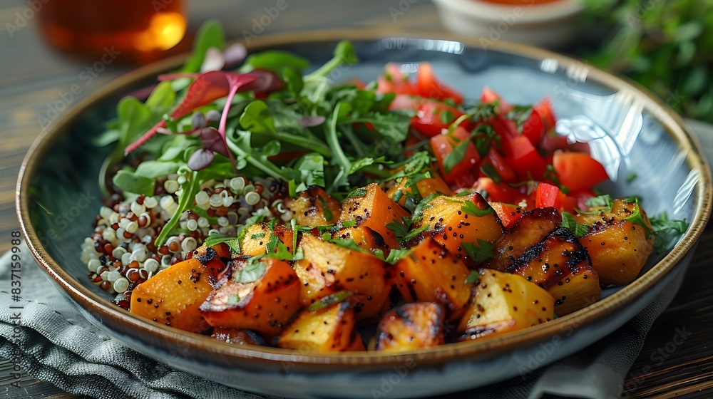 A colorful plate showcasing a balanced meal with quinoa, roasted vegetables, and a side salad