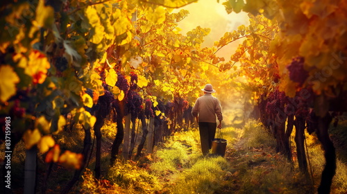 Farmer harvesting grapes in a vineyard during autumn