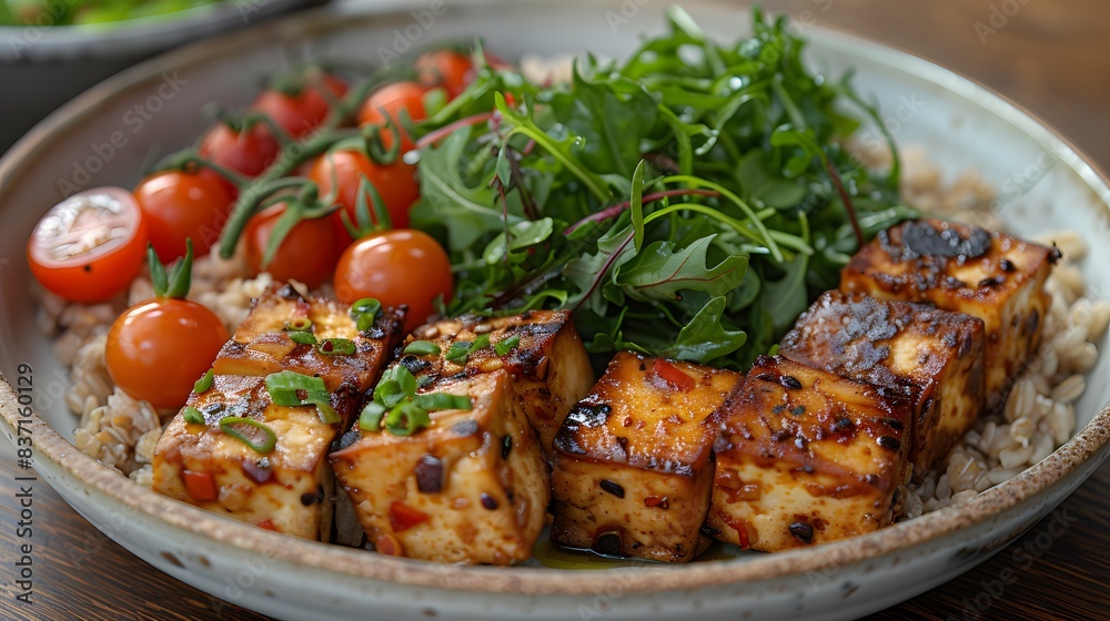 A healthy and balanced plate with tofu, mixed greens, cherry tomatoes, and a grain mix A healthy and balanced plate with tofu, mixed greens, cherry tomatoes, and a grain mix
