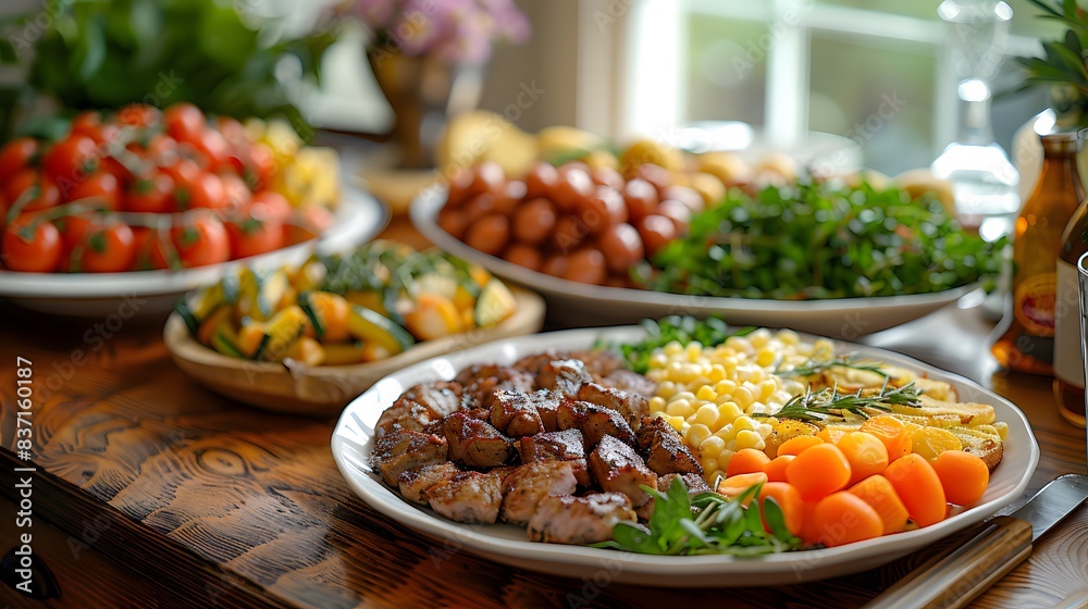 A family meal showing balanced diet plates with lean meats, whole grains, and fresh vegetables A family meal showing balanced diet plates with lean meats, whole grains, and fresh vegetables