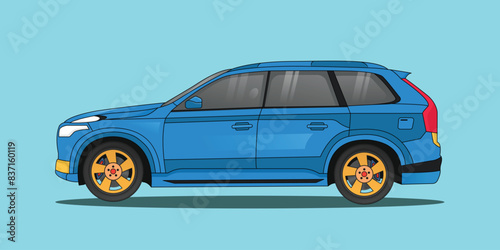 Dark blue color modern car side view flat illustration with outline stroke on isolated background