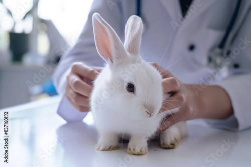 Vet examines a white rabbit with care in a bright clinic