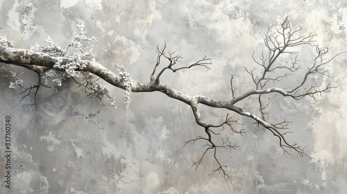 Minimalist Artistic Photograph of a Bare Tree Branch with Delicate White Blossoms Against a Textured Gray Wall Background