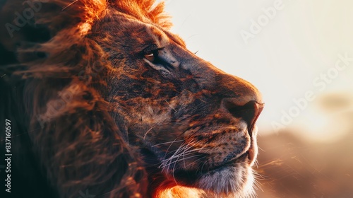A majestic lion with a golden mane gazes into the distance, bathed in warm sunlight.  The image evokes strength, power, and the beauty of nature.