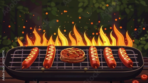 A barbecue grill with hot dogs and hamburgers cooking photo