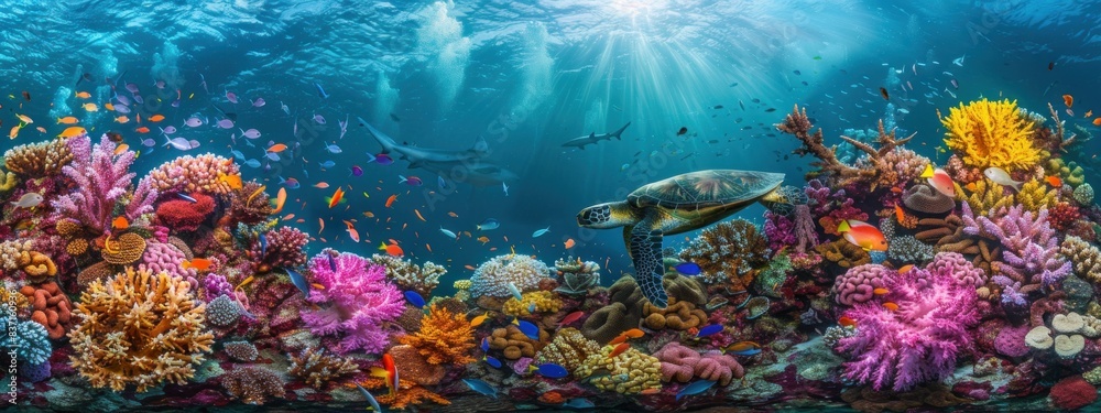 Fototapeta premium Vibrant underwater world with this colorful super wide coral reef panorama banner background