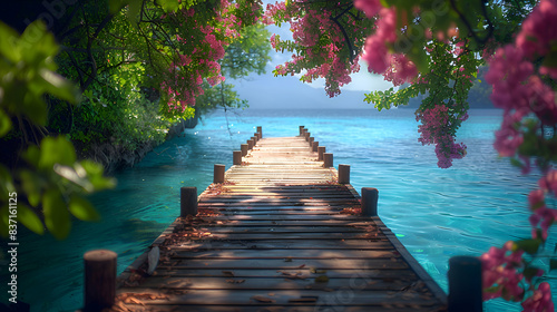 A vibrant nature atoll landscape with a wooden dock extending into the water, the calm surface reflecting the sky photo