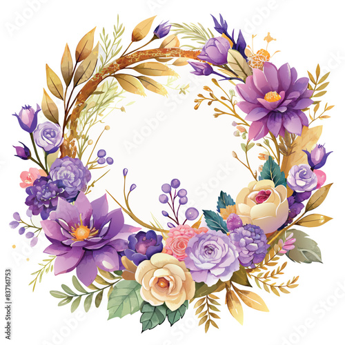 A colorful flower frame arrangement with a purple rose in the center. The flowers are arranged in a circular pattern, with some of them overlapping each other. Scene is cheerful and vibrant