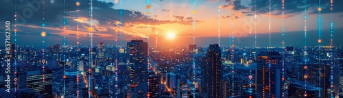 Hightech city view with buildings lit by the warm glow of the setting sun and enhanced with glowing data patterns  showcasing urban technological advancement