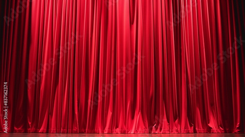 Vibrant red stage curtain with elegant folds hangs closed in a theater, waiting for the upcoming performance to begin photo