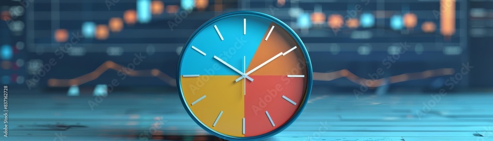 Modern design concept featuring a pie chart clock on a striking blue background, symbolizing timely data visualization in business analytics