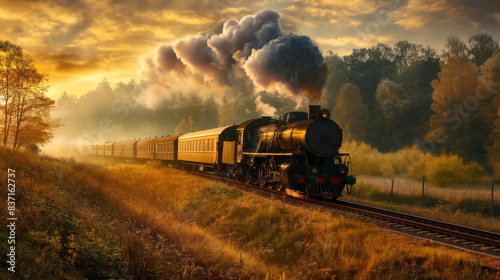 Victorian era steam locomotive chugging through a scenic countryside photo