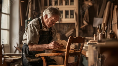 Woodworker sanding a wooden chair in a workshop