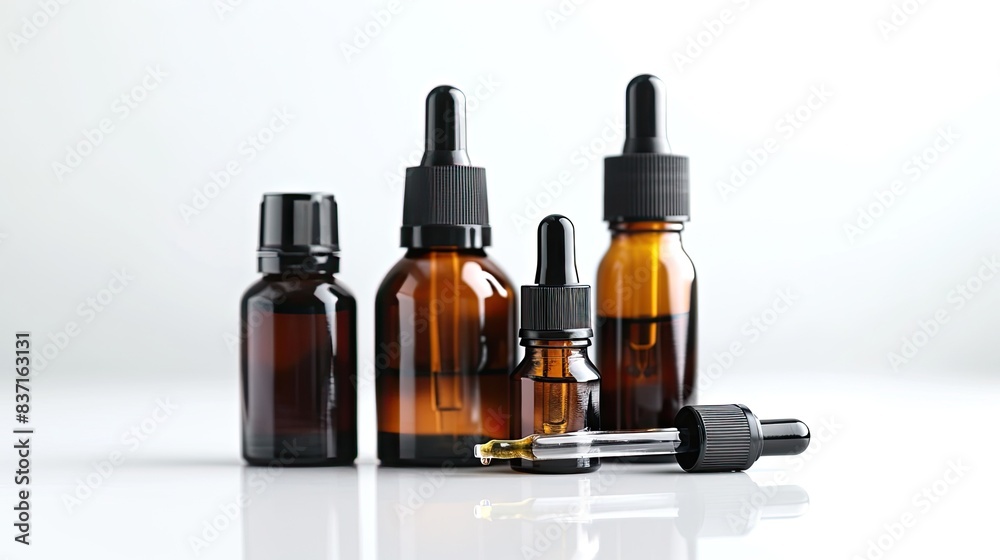 Face care and serum glass bottles over white background, face and body care concept, Face care and serum glass bottles over white background, face and body care concept,