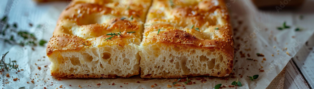 Freshly baked focaccia bread cut into squares, topped with herbs and drizzled with olive oil. A perfect addition to any meal. Freshly baked focaccia bread cut into squares, topped with herbs and drizzled with olive oil. A perfect addition to any meal.