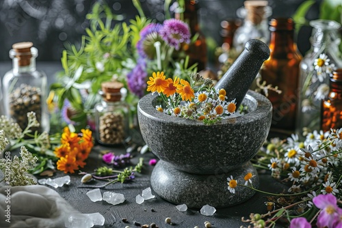 Homeopathy and herbal medicine concept. Granite mortar and pestle with flowers and herbs, glass bottles with flowers and nature crystals stones