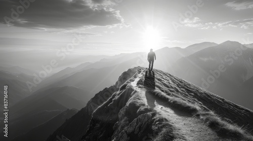 Mountain Hiker in Black and White Landscape Generative AI photo