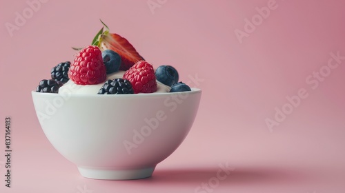 bowl of creamy yogurt topped with fresh raspberries and blueberries on a pink background.