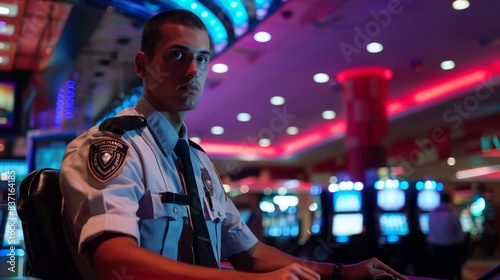 Casino security guard monitoring gambling floor	