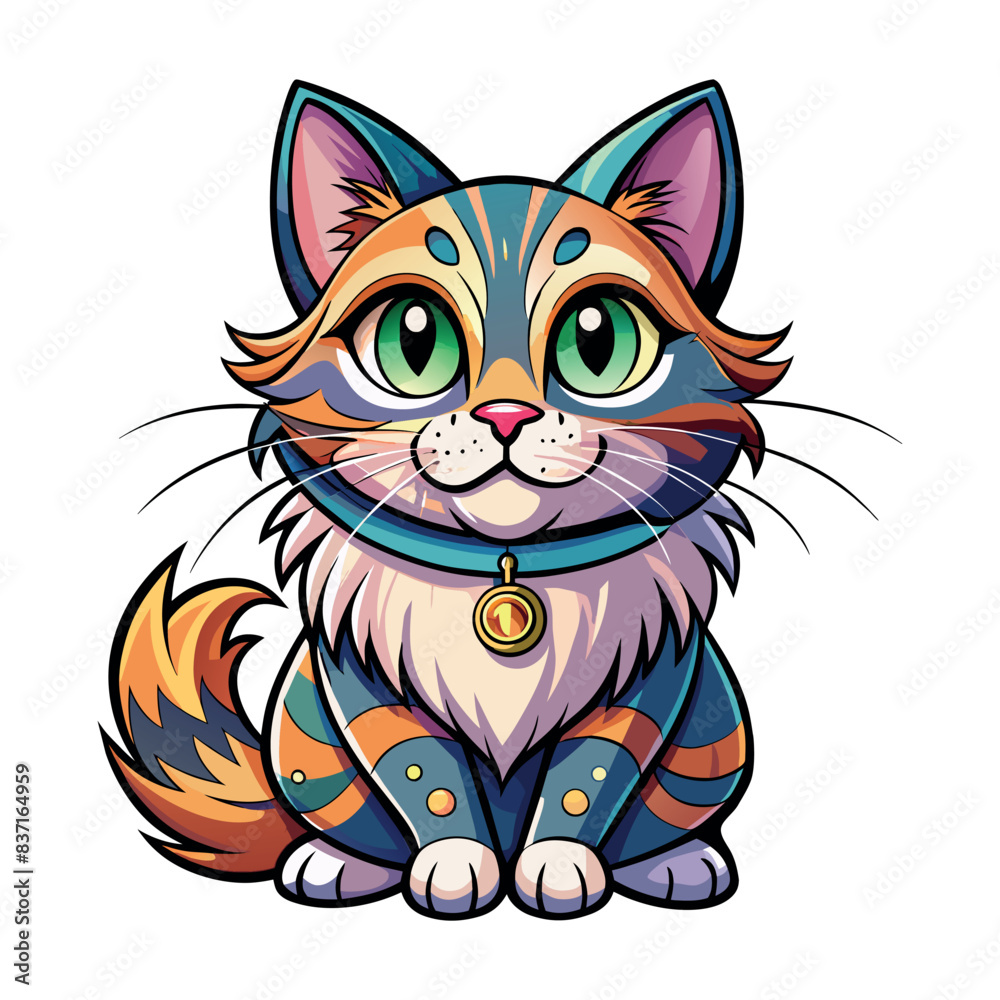 A cartoon cat with a collar and a green collar. The cat is sitting on a white background A cartoon cat with a collar and a green collar. The cat is sitting on a white background