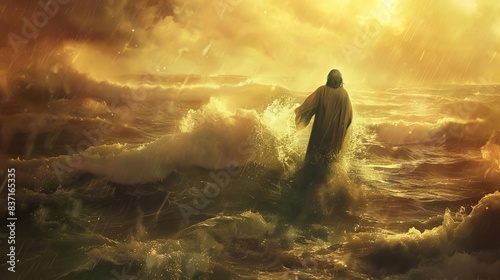 jesus walking on water during a storm biblical concept illustration
