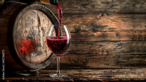 Red wine is poured into the glass from a bottle on a wooden background, old barrel against a wood wall photo