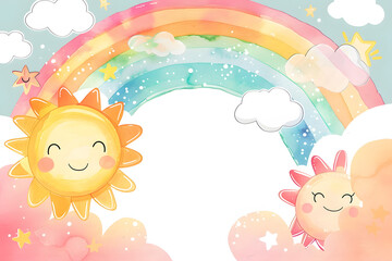 Ingelijste posters Regenboog Vrolijke zon met aquarel regenboog  © Pacharee