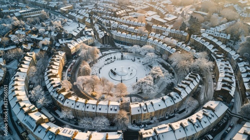 Aerial View of a Snow-Covered Circular Residential Neighborhood with Historic Architecture and Winter Trees at Sunrise