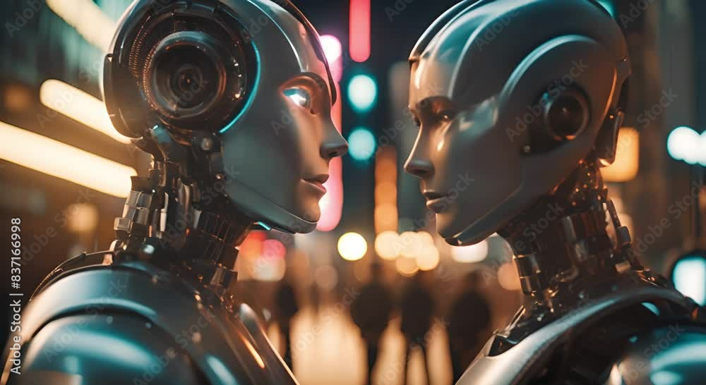 Two humanoid robots face each other on a city street. Futuristic robot portrait with a vivid urban city background. Close-up of advanced AI robots in a deep interaction. Two humanoid robots face each other on a city street. Futuristic robot portrait with a vivid urban city background. Close-up of advanced AI robots in a deep interaction.