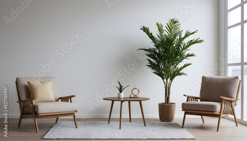 Contemporary minimalist living room with cozy armchairs, lush potted plant, wooden furnishings, and gentle natural lighting