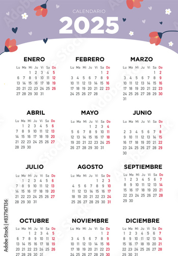 calendario 2025 en español, con fondo de flores.