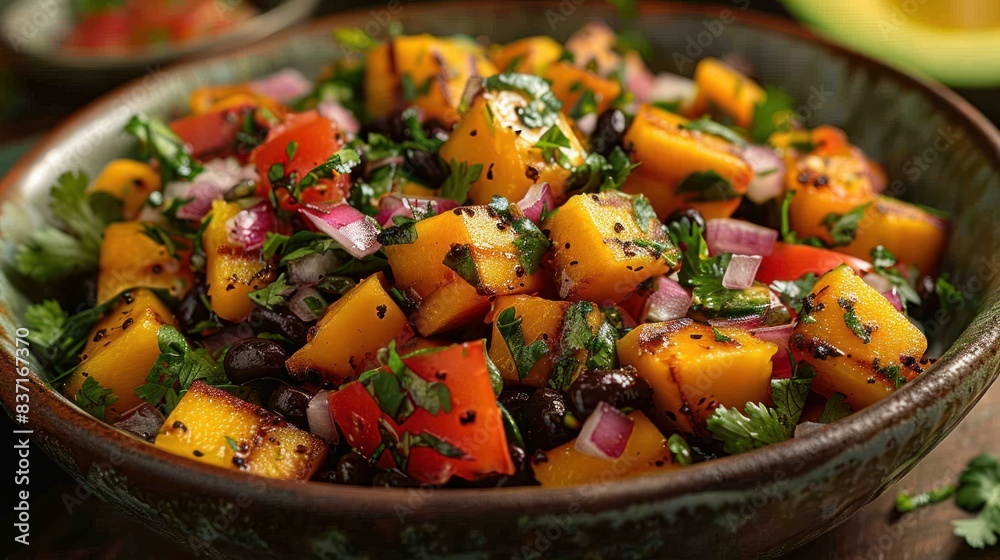 Avocado, mango salad with black bean, tomato, red onion and tortilla chips. healthy food Avocado, mango salad with black bean, tomato, red onion and tortilla chips. healthy food