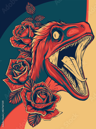 vector illustration of velociraptor head with roses flower