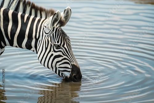 Single zebra quenches its thirst in the calm waters of a natural waterhole, reflecting its iconic black and white stripes amid ripples in the serene setting © Enigma