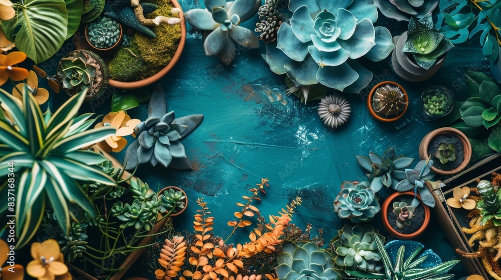 Terracotta pots filled with a rich variety of succulents, showcasing gardening as art. Terracotta pots filled with a rich variety of succulents, showcasing gardening as art.
