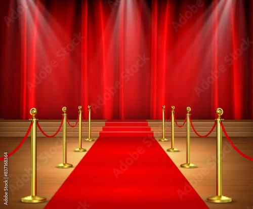 Awards show background with red curtains and red carpet between rope barriers