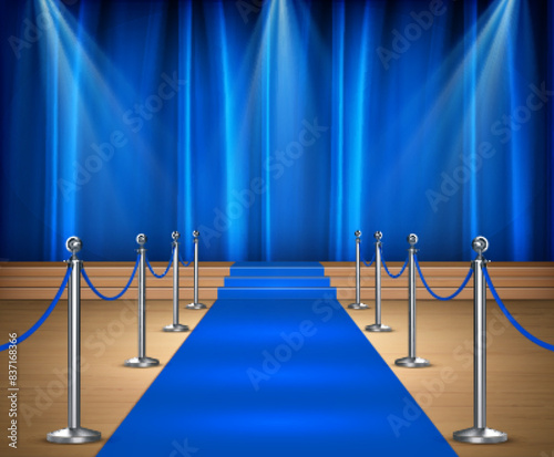 Awards show background with blue curtains and blue carpet between rope barriers